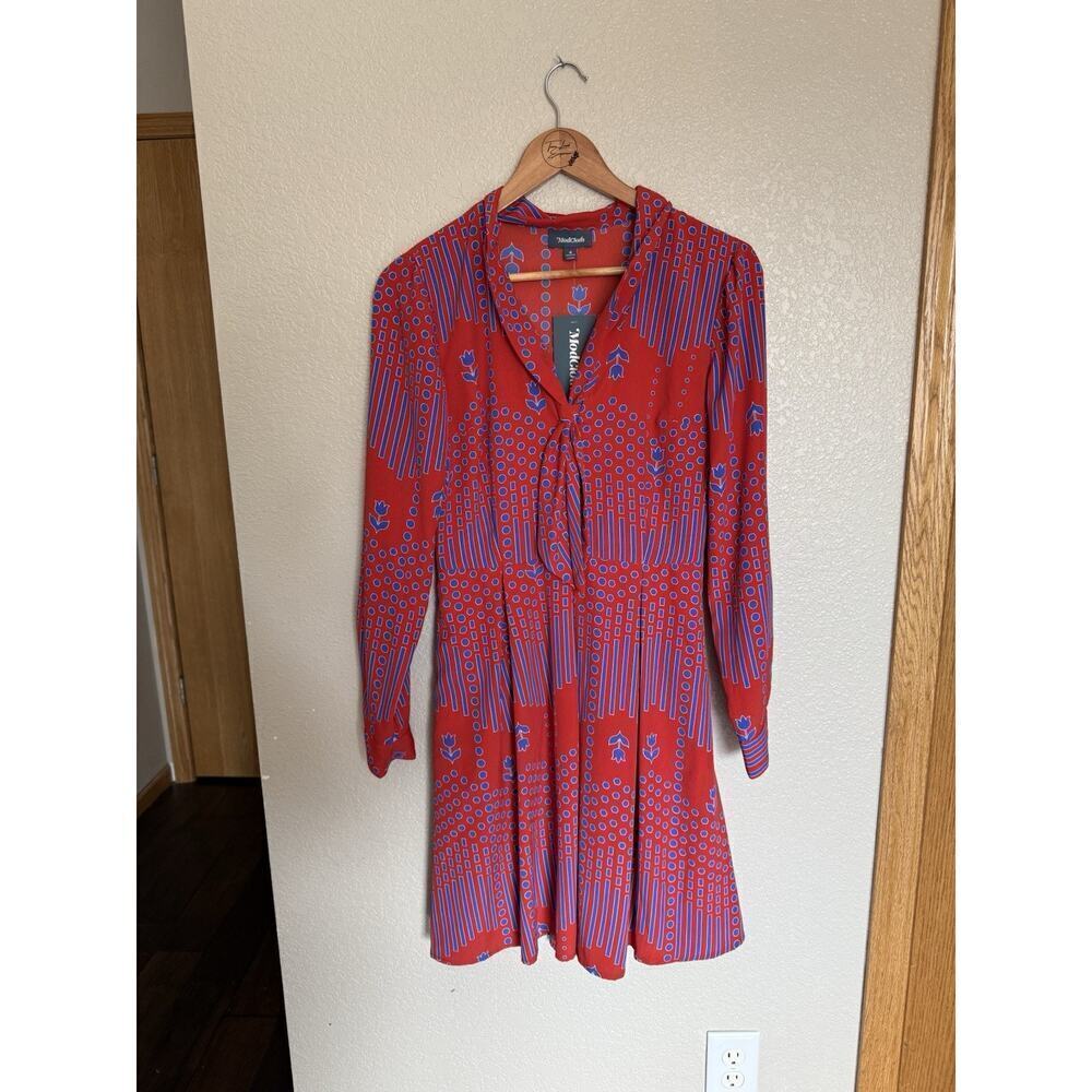 Modcloth Pleasant Confidence Tie V Neck Long Sleeve Dress Size 4 Red Blue Retro